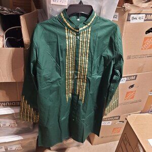 Man Gold Embroidery Formal Wear Extra Long Dress Dark Green Size M